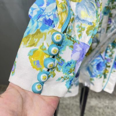 2023 Top Quality Floral Printing Spring Summer Mandarin Collar Mini Dresses with Belt photo review